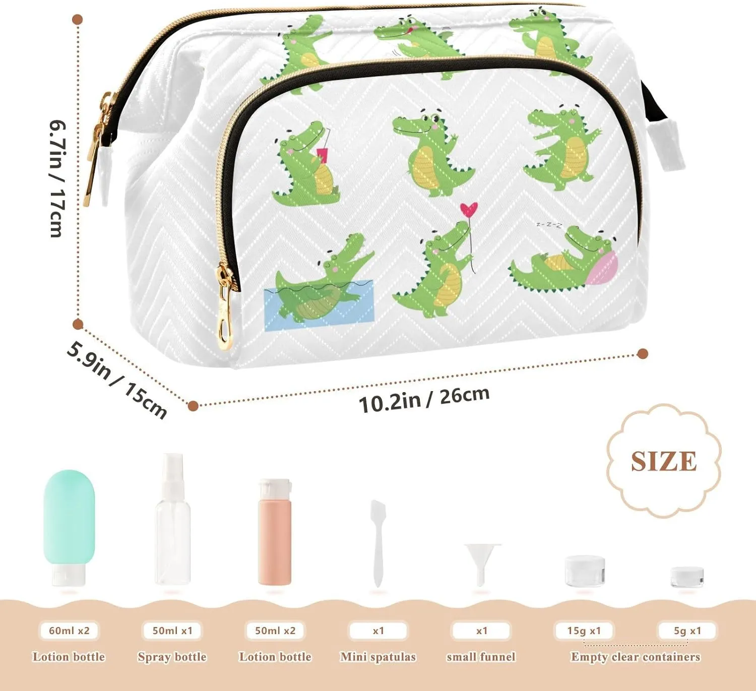 Funny Green Crocodiles with Different Actions Cute Alligator Predator Women Cosmetic Bag Makeup Bag Stylish Trip Beauty Bag Travel Toiletry Bag with Bottle Organizer 10.2 x 5.9 x 6.7 inch