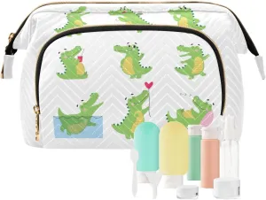 Funny Green Crocodiles with Different Actions Cute Alligator Predator Women Cosmetic Bag Makeup Bag Stylish Trip Beauty Bag Travel Toiletry Bag with Bottle Organizer 10.2 x 5.9 x 6.7 inch