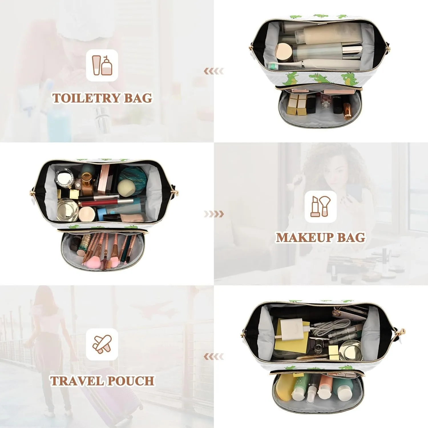 Funny Green Crocodiles with Different Actions Cute Alligator Predator Women Cosmetic Bag Makeup Bag Stylish Trip Beauty Bag Travel Toiletry Bag with Bottle Organizer 10.2 x 5.9 x 6.7 inch