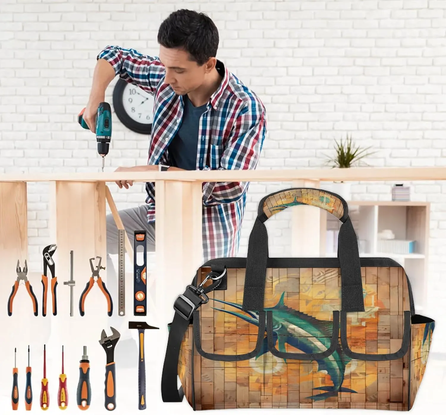 Funny Swordfish Tool Bags for Men and Women 14.8 Inch, Heavy Duty Waterproof Tool Box Organizer Bag, Wide Mouth Tool Tote Storage Bag with Adjustable Shoulder Strap