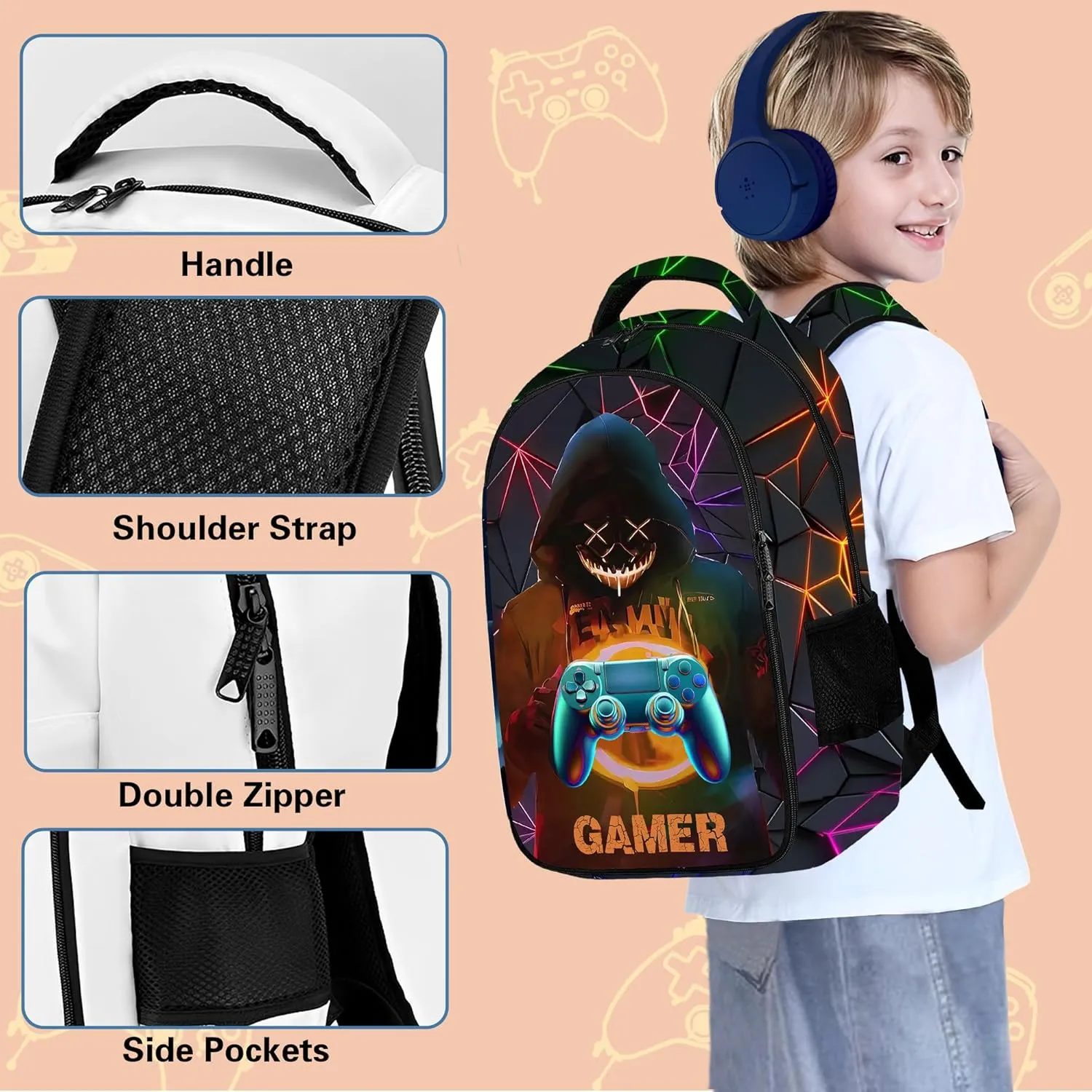 Game Backpack Set for Boys, Gaming Backpack 3 Pack, Boy Backpack Lunch Box, and Pencil Bag for Kids Teens Elementary Middle School， Large Capacity Game School Bag 17" Travel Back Pack