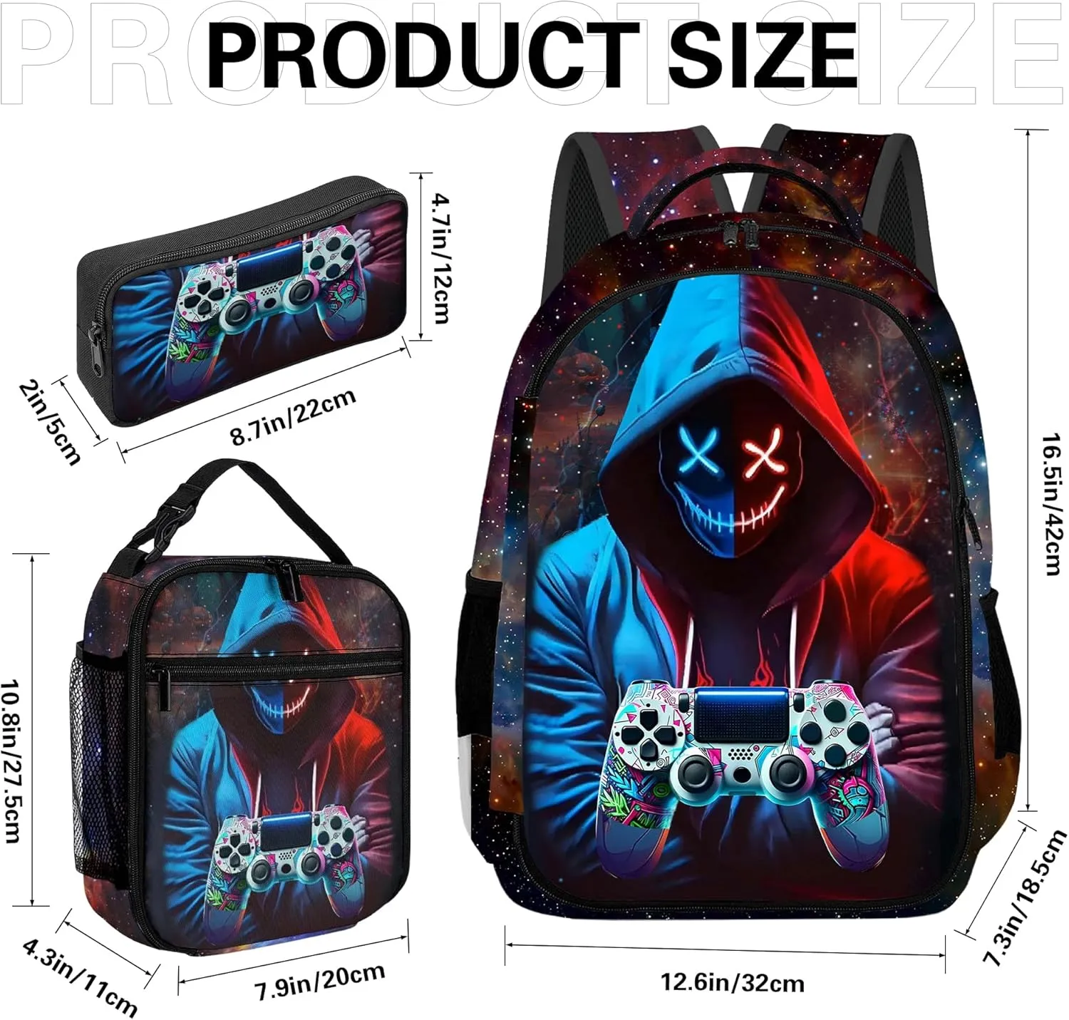 Game Backpack Set for Boys, Gaming Backpack 3 Pack, Boy Backpack Lunch Box, and Pencil Bag for Kids Teens Elementary Middle School， Large Capacity Game School Bag 17" Travel Back Pack