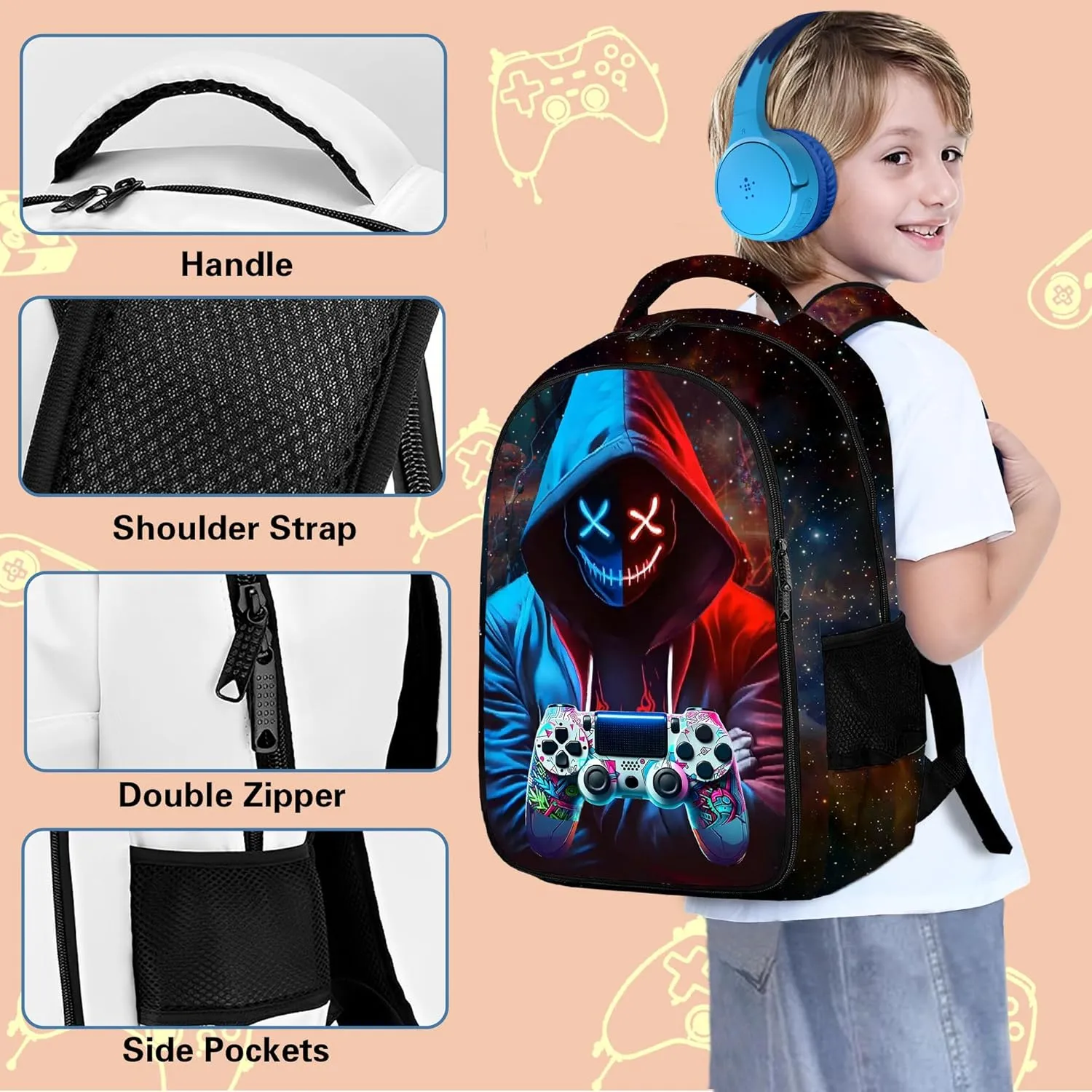 Game Backpack Set for Boys, Gaming Backpack 3 Pack, Boy Backpack Lunch Box, and Pencil Bag for Kids Teens Elementary Middle School， Large Capacity Game School Bag 17" Travel Back Pack