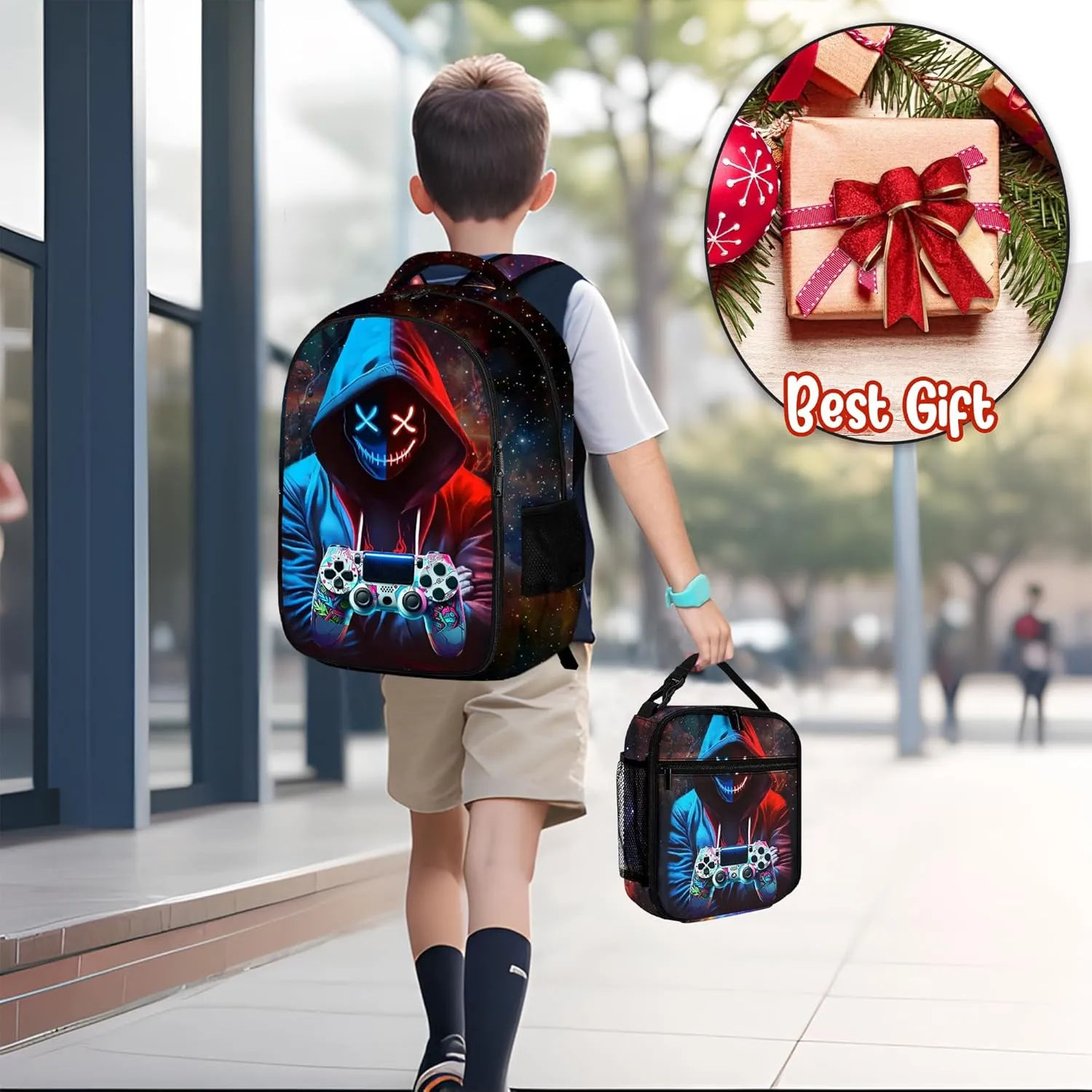 Game Backpack Set for Boys, Gaming Backpack 3 Pack, Boy Backpack Lunch Box, and Pencil Bag for Kids Teens Elementary Middle School， Large Capacity Game School Bag 17" Travel Back Pack