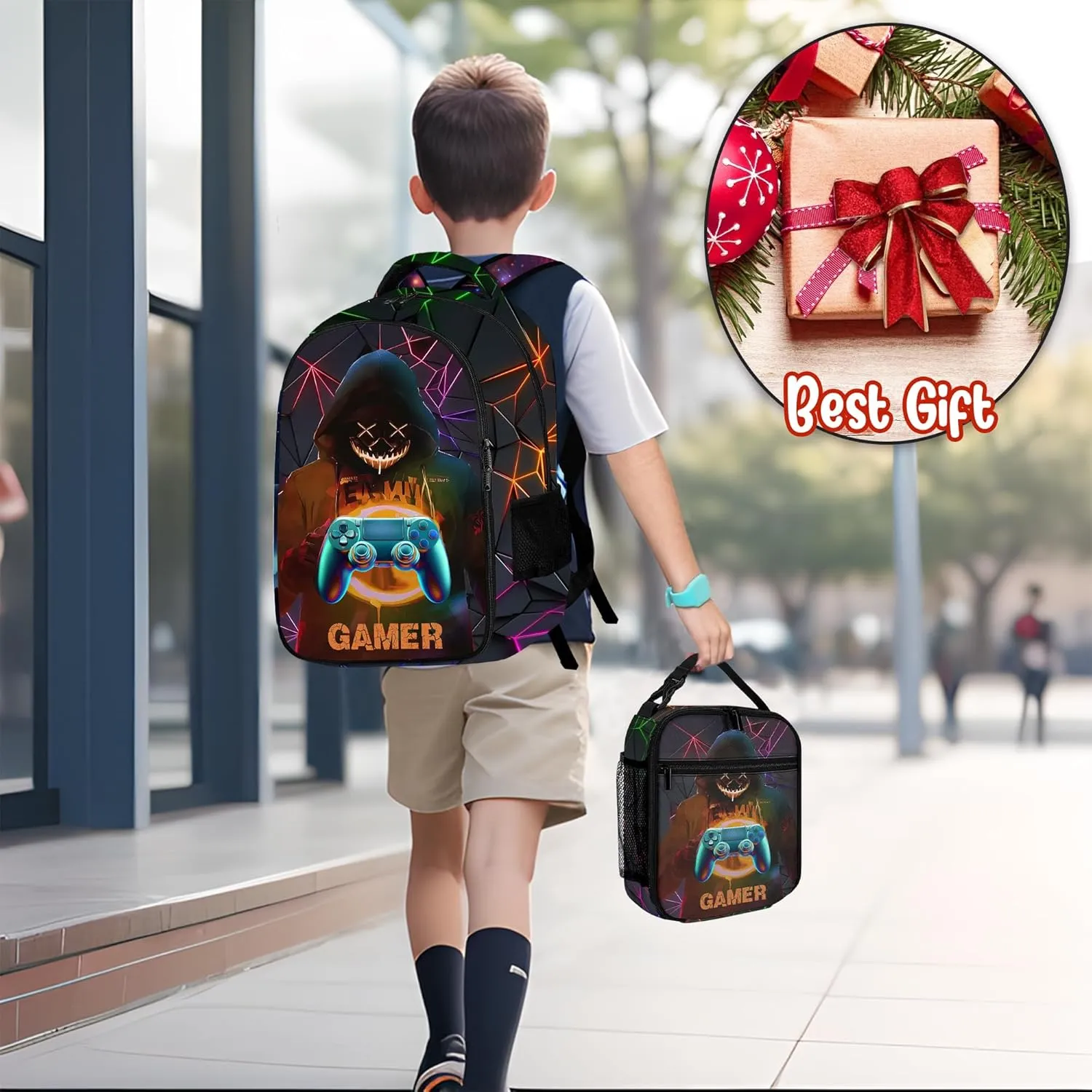 Game Backpack Set for Boys, Gaming Backpack 3 Pack, Boy Backpack Lunch Box, and Pencil Bag for Kids Teens Elementary Middle School， Large Capacity Game School Bag 17" Travel Back Pack
