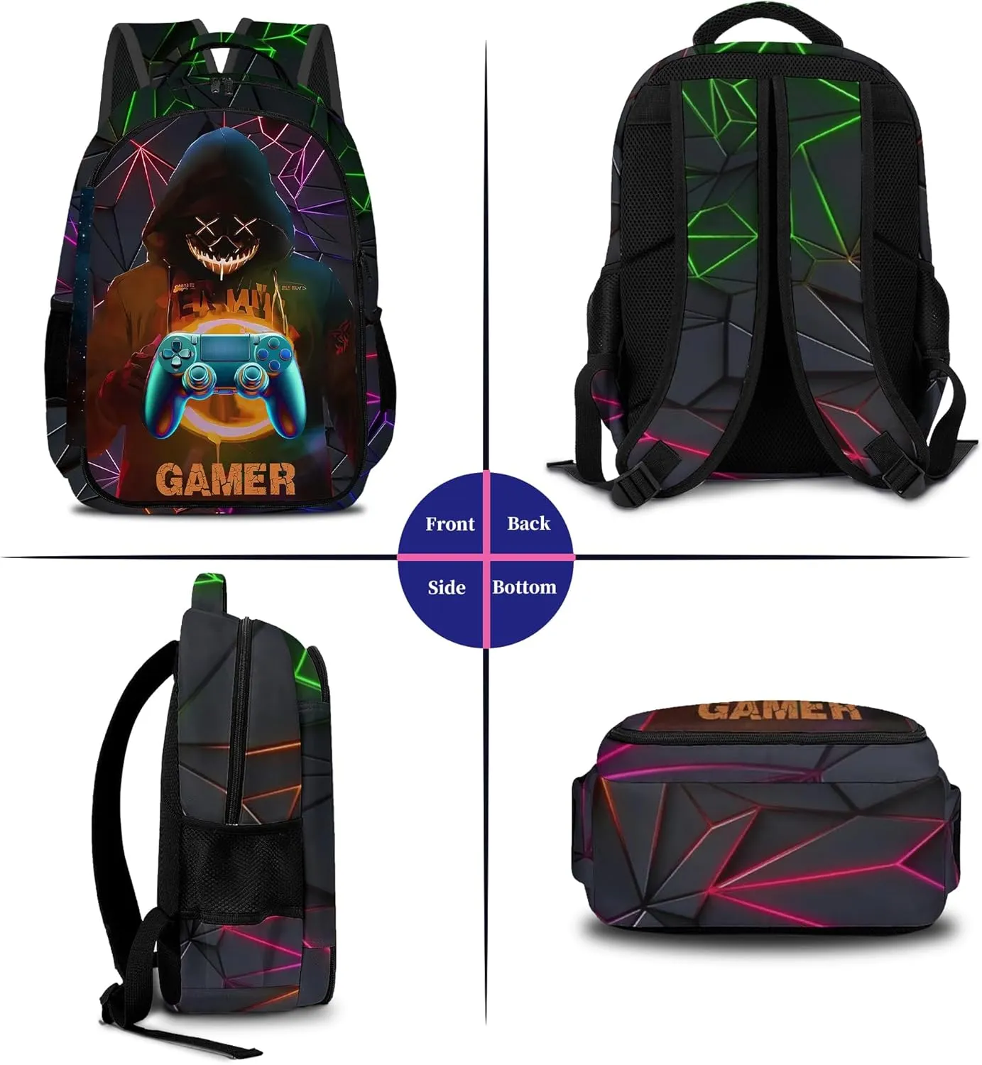 Game Backpack Set for Boys, Gaming Backpack 3 Pack, Boy Backpack Lunch Box, and Pencil Bag for Kids Teens Elementary Middle School， Large Capacity Game School Bag 17" Travel Back Pack