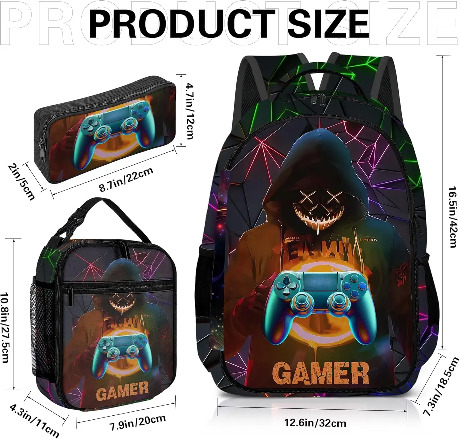 Game Backpack Set for Boys, Gaming Backpack 3 Pack, Boy Backpack Lunch Box, and Pencil Bag for Kids Teens Elementary Middle School， Large Capacity Game School Bag 17" Travel Back Pack