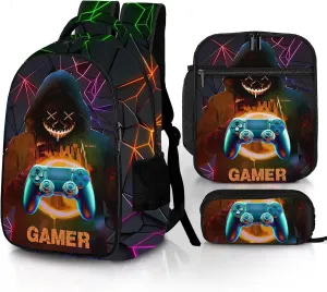 Game Backpack Set for Boys, Gaming Backpack 3 Pack, Boy Backpack Lunch Box, and Pencil Bag for Kids Teens Elementary Middle School， Large Capacity Game School Bag 17" Travel Back Pack