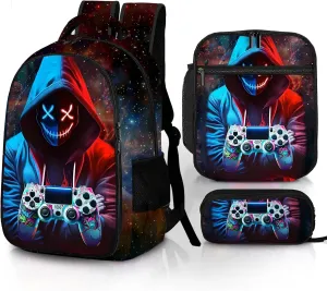 Game Backpack Set for Boys, Gaming Backpack 3 Pack, Boy Backpack Lunch Box, and Pencil Bag for Kids Teens Elementary Middle School， Large Capacity Game School Bag 17" Travel Back Pack