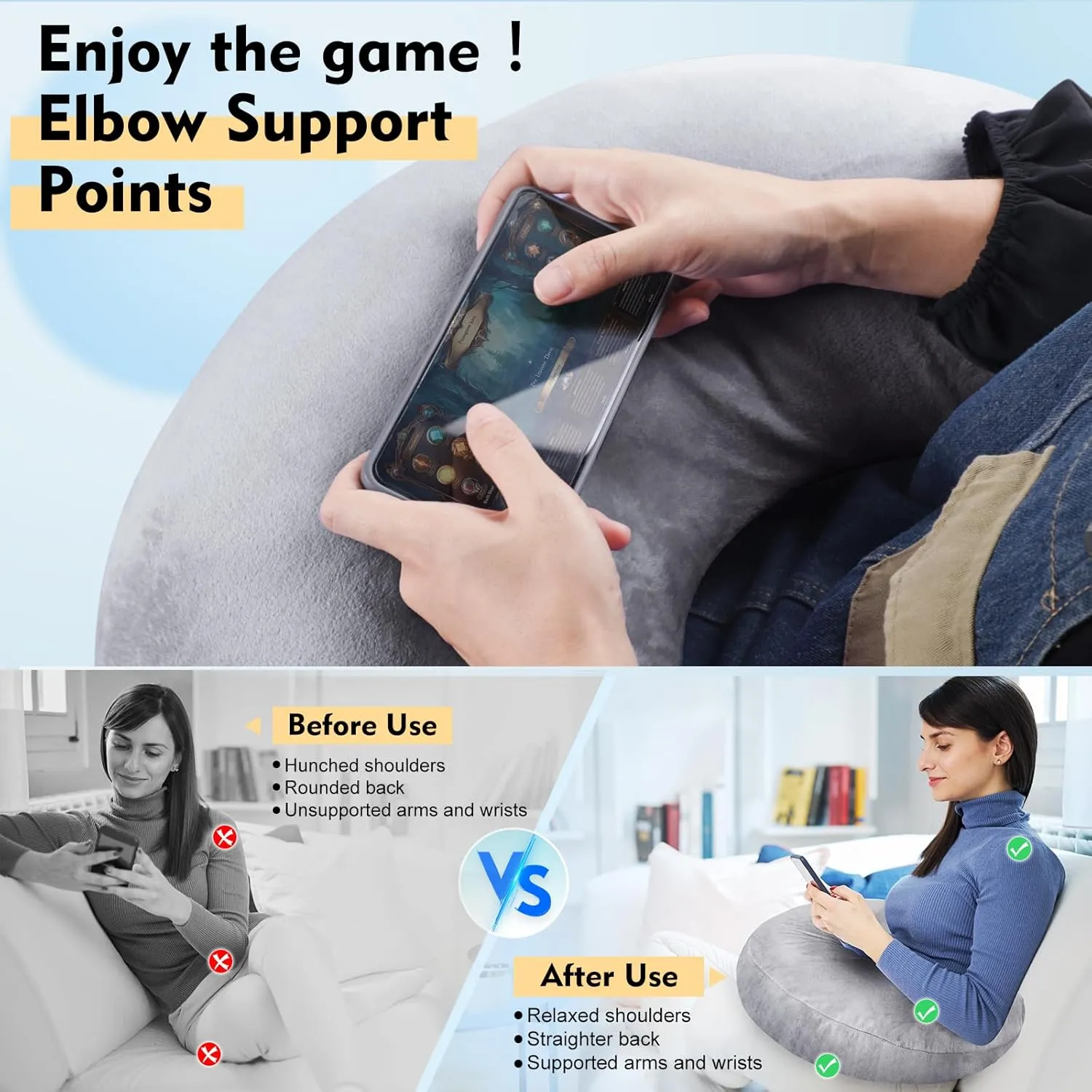 Gaming Pillow Arm Support Pillow for Bed & Sofa: Ergonomic U-Shaped Lap Pillow with Elbow Rest for Adults & Kids - Reduces Arm Pain & Fatigue During Gaming, Reading, Working & Crocheting