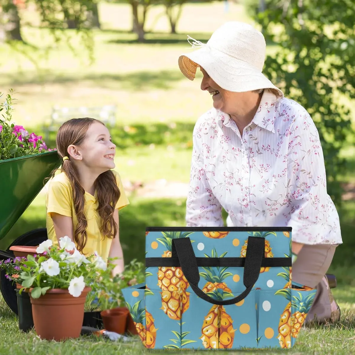 Garden Tool Bag Pineapple Dots Garden Tote Bag with Pockets Gardening Organizer Tool Storage Bags for Women Men Indoor Outdoor