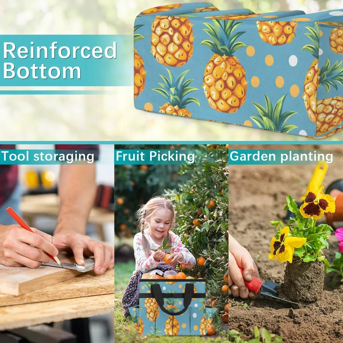 Garden Tool Bag Pineapple Dots Garden Tote Bag with Pockets Gardening Organizer Tool Storage Bags for Women Men Indoor Outdoor