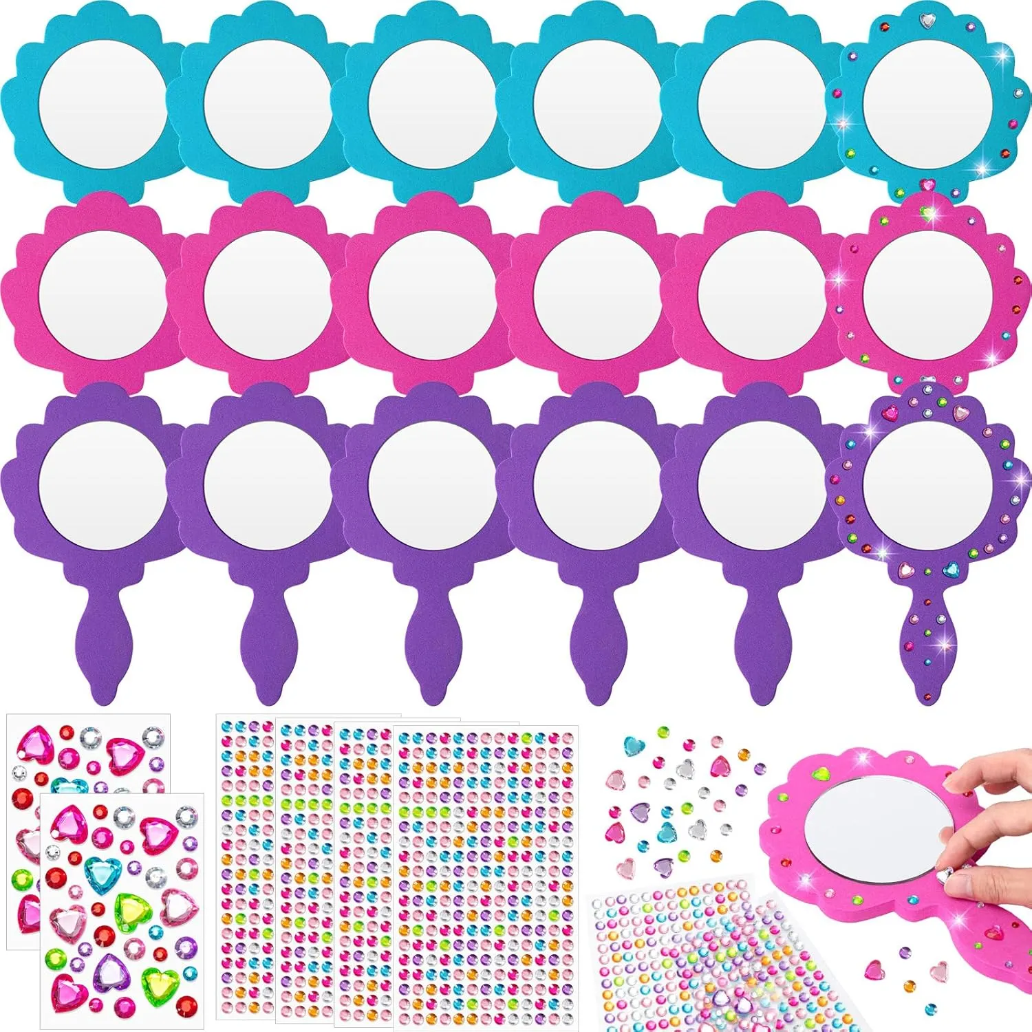 Geetery 20 Pcs Unbreakable Kids Mirror DIY Decorate Your Own Princess Mirror Mermaid Foam Small Crafts Princess Party Decorations(Pink, Purple, Turquoise)