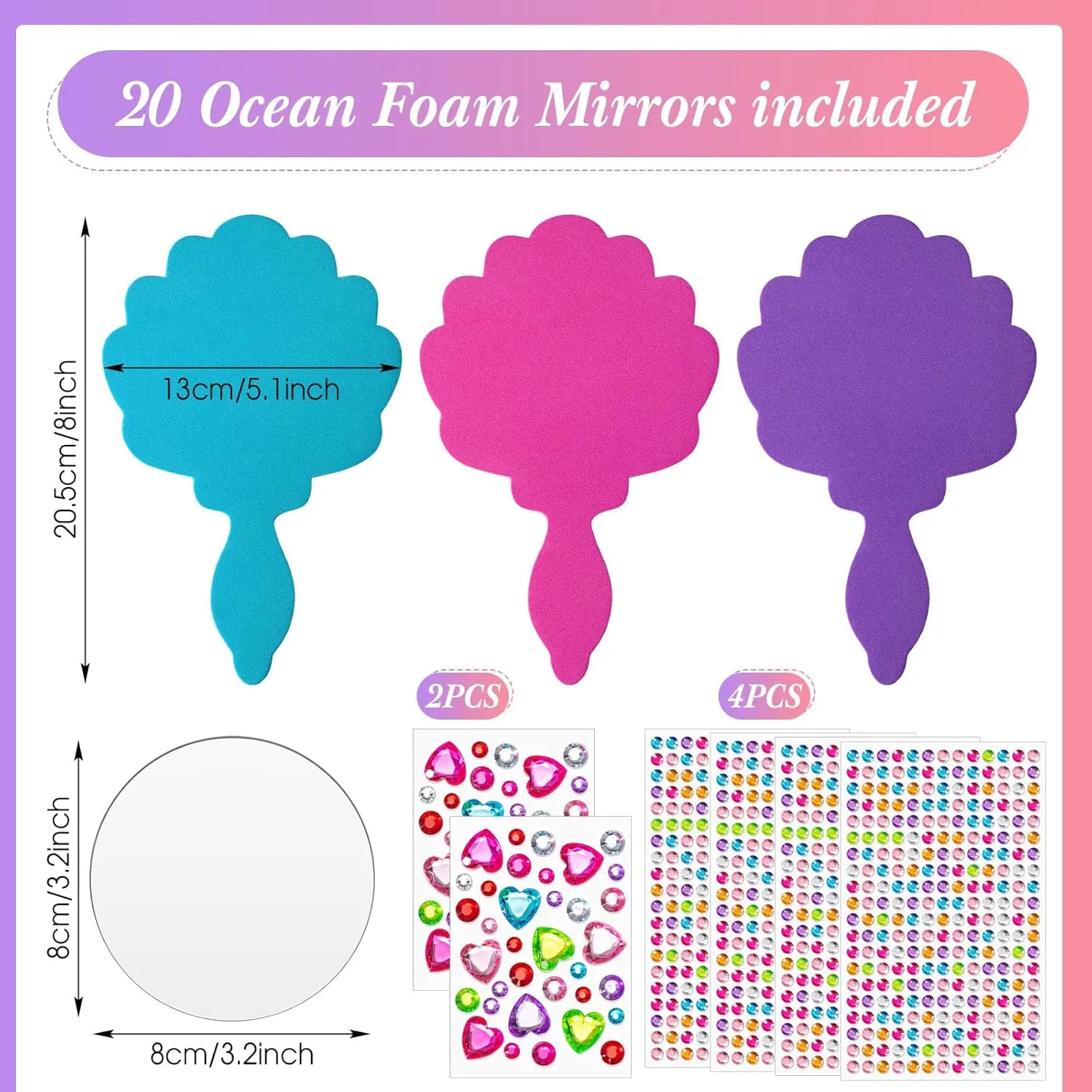 Geetery 20 Pcs Unbreakable Kids Mirror DIY Decorate Your Own Princess Mirror Mermaid Foam Small Crafts Princess Party Decorations(Pink, Purple, Turquoise)