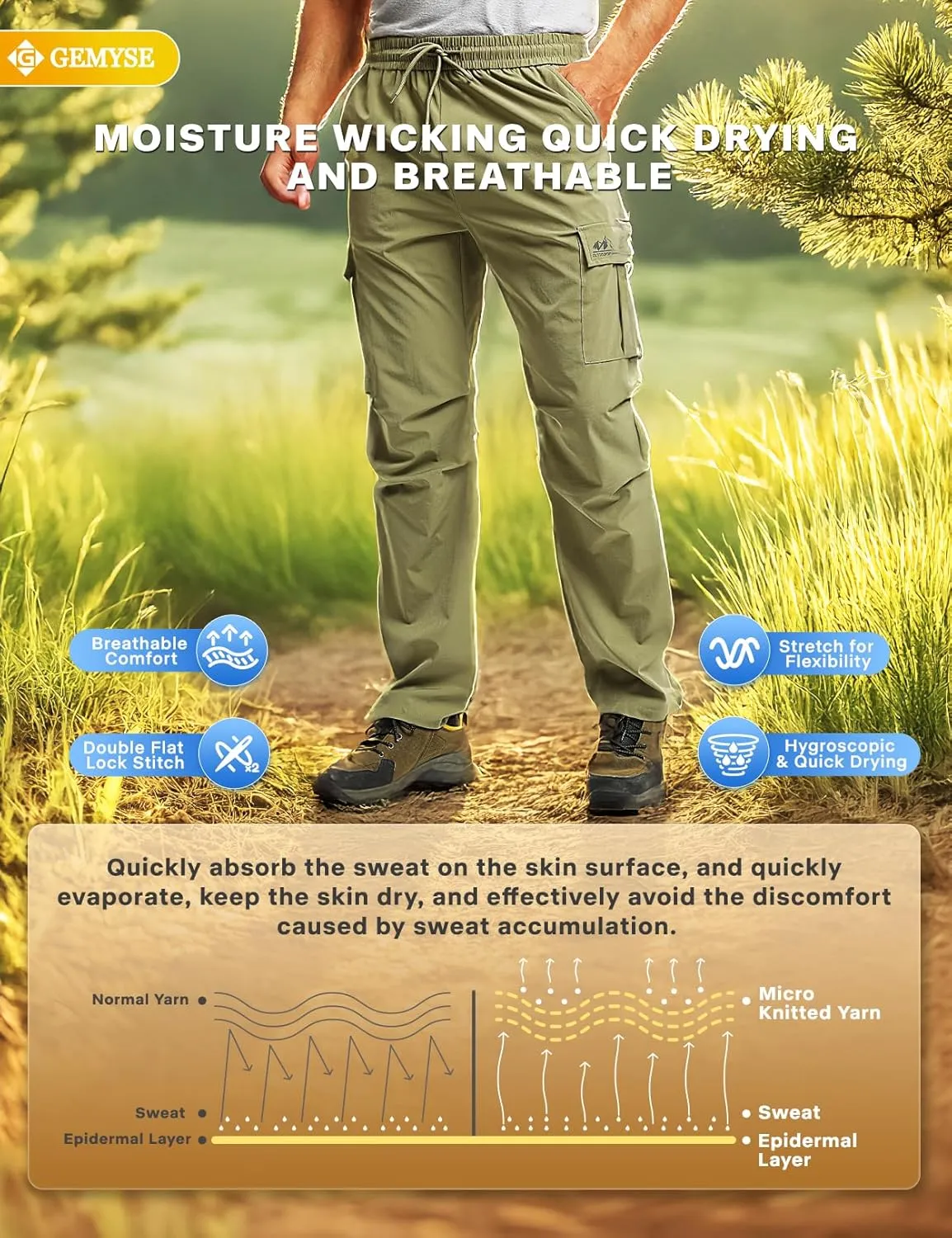 GEMYSE Men's Track Pants Lightweight Quick Dry Travel Fishing Joggers Running Workout Active Athletic Hiking Pants