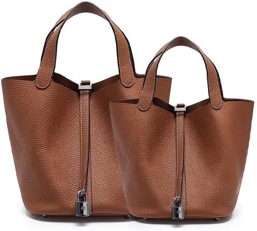 Genuine Leather Bucket Bag for Women, Lock Design Handbags Vegetable Basket, Shoulder Handbag Satchel Purses