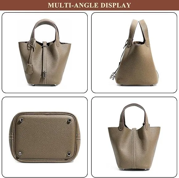 Genuine Leather Bucket Bag for Women, Lock Design Handbags Vegetable Basket, Shoulder Handbag Satchel Purses