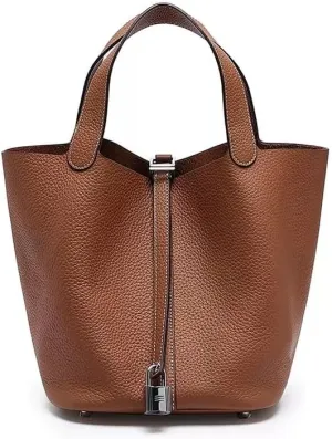 Genuine Leather Bucket Bag for Women, Lock Design Handbags Vegetable Basket, Shoulder Handbag Satchel Purses
