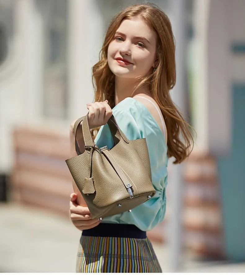 Genuine Leather Bucket Bag for Women, Lock Design Handbags Vegetable Basket, Shoulder Handbag Satchel Purses