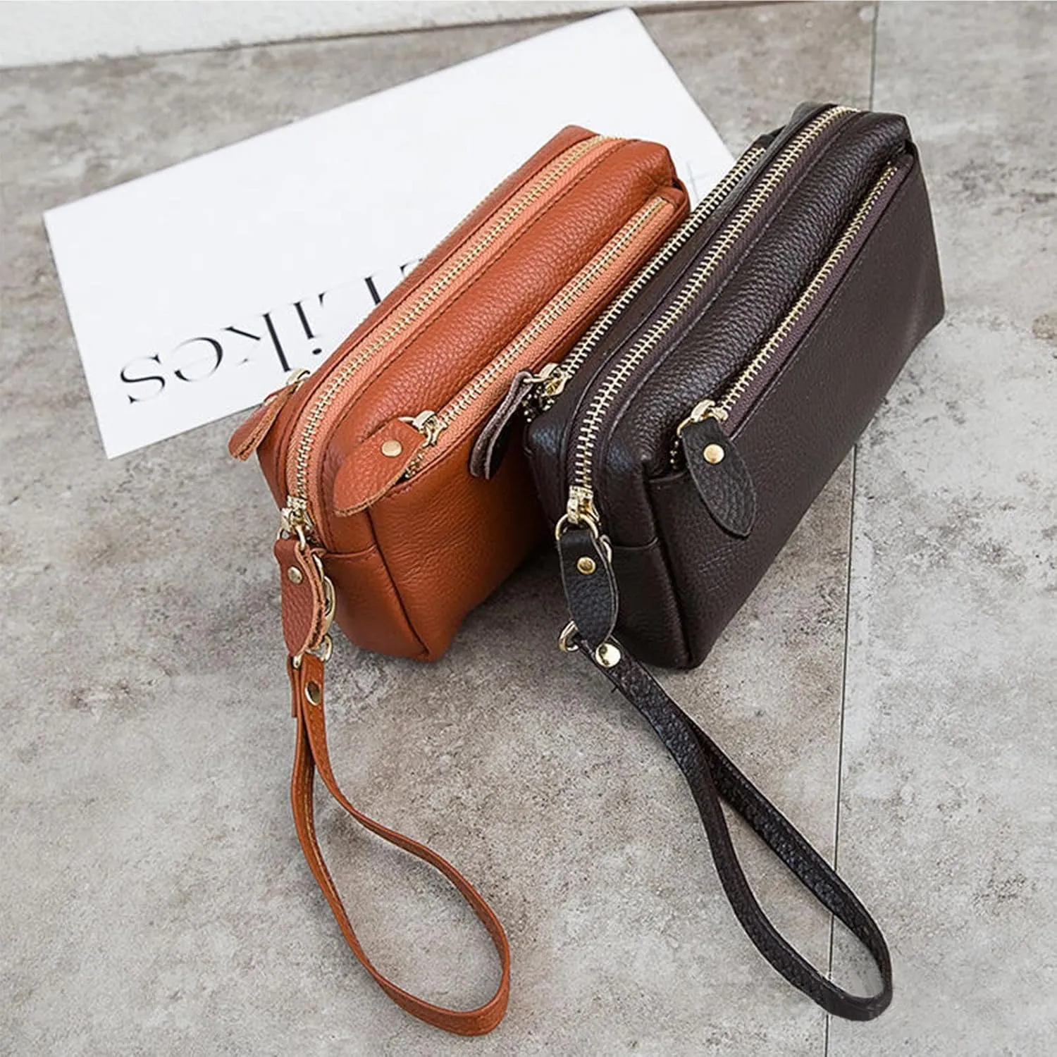 Genuine Leather Wristlet Clutch Wallet Purses for Women Small Crossbody Bags 7 Inch Shoulder Handbag 2 Straps
