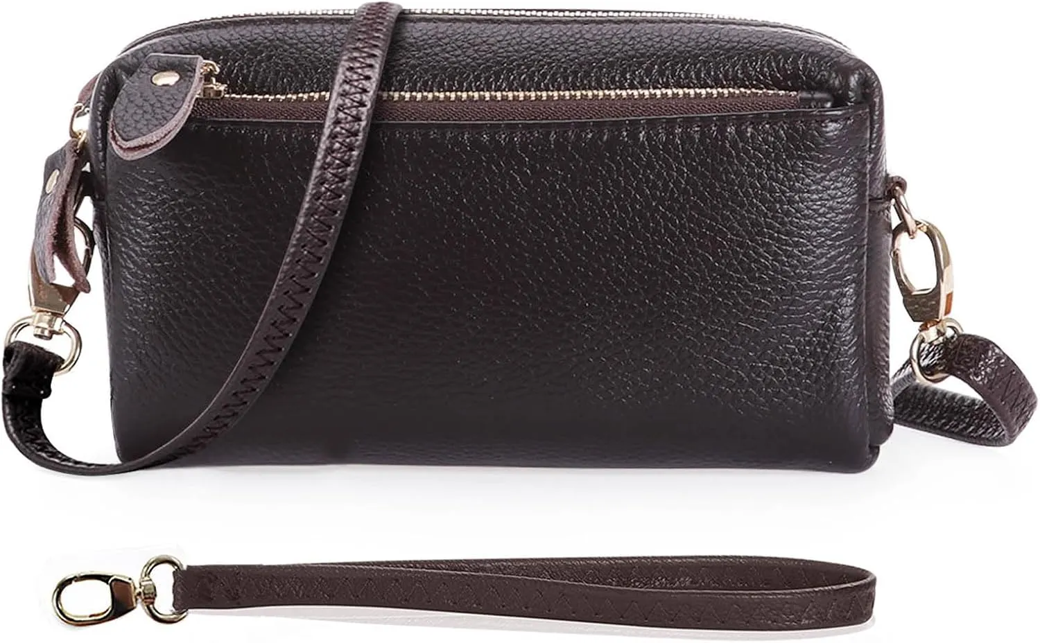 Genuine Leather Wristlet Clutch Wallet Purses for Women Small Crossbody Bags 7 Inch Shoulder Handbag 2 Straps