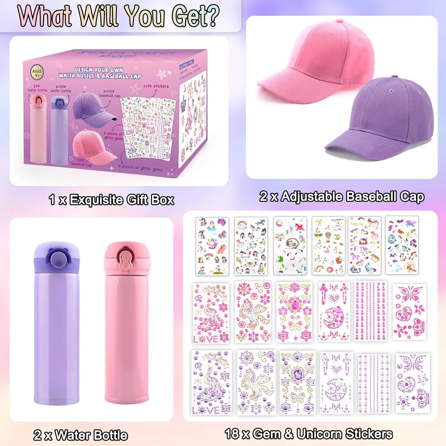 Gifts for Girls 5 6 7 8 9 10 11 Year Old, Decorate Your Own Water Bottle Baseball Cap with Gem Unicorn Stickers, Birthday Gifts for Girls Age 4-12, Kids Arts Crafts Toys Water Bottles to School