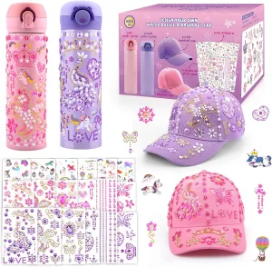 Gifts for Girls 5 6 7 8 9 10 11 Year Old, Decorate Your Own Water Bottle Baseball Cap with Gem Unicorn Stickers, Birthday Gifts for Girls Age 4-12, Kids Arts Crafts Toys Water Bottles to School