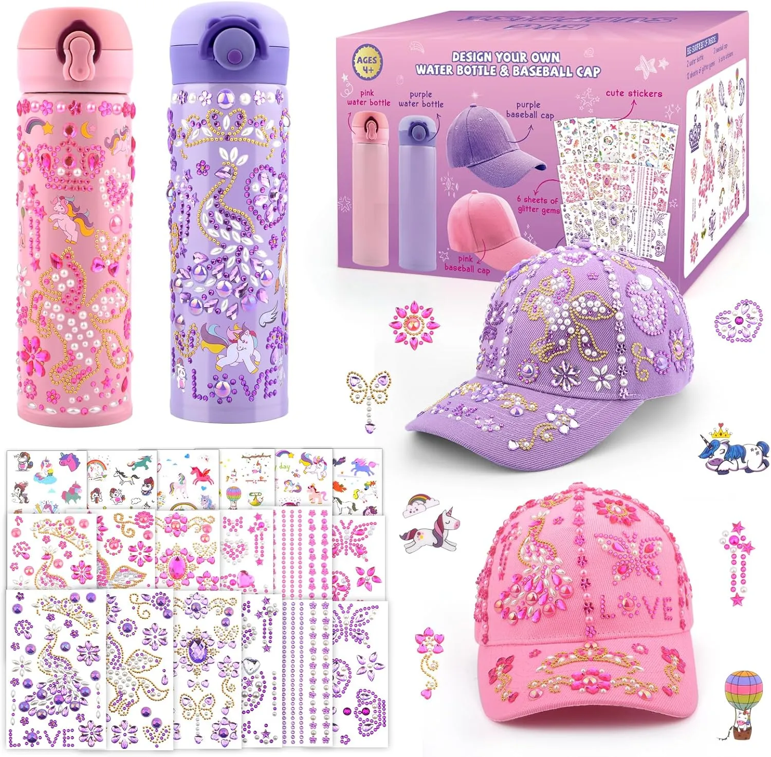 Gifts for Girls 5 6 7 8 9 10 11 Year Old, Decorate Your Own Water Bottle Baseball Cap with Gem Unicorn Stickers, Birthday Gifts for Girls Age 4-12, Kids Arts Crafts Toys Water Bottles to School
