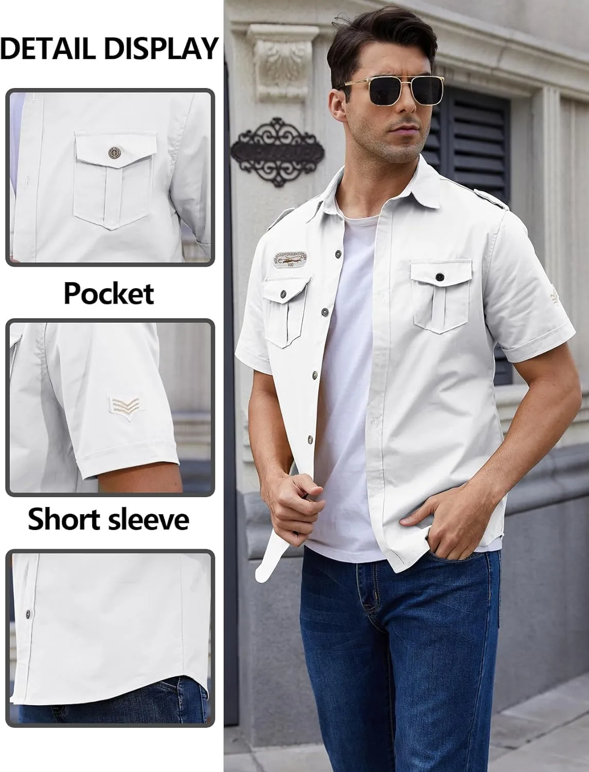 Gihuo Men's Military Tactical Shirt Short Sleeve Cargo Work Outdoor Hiking Camping Hunting Fishing