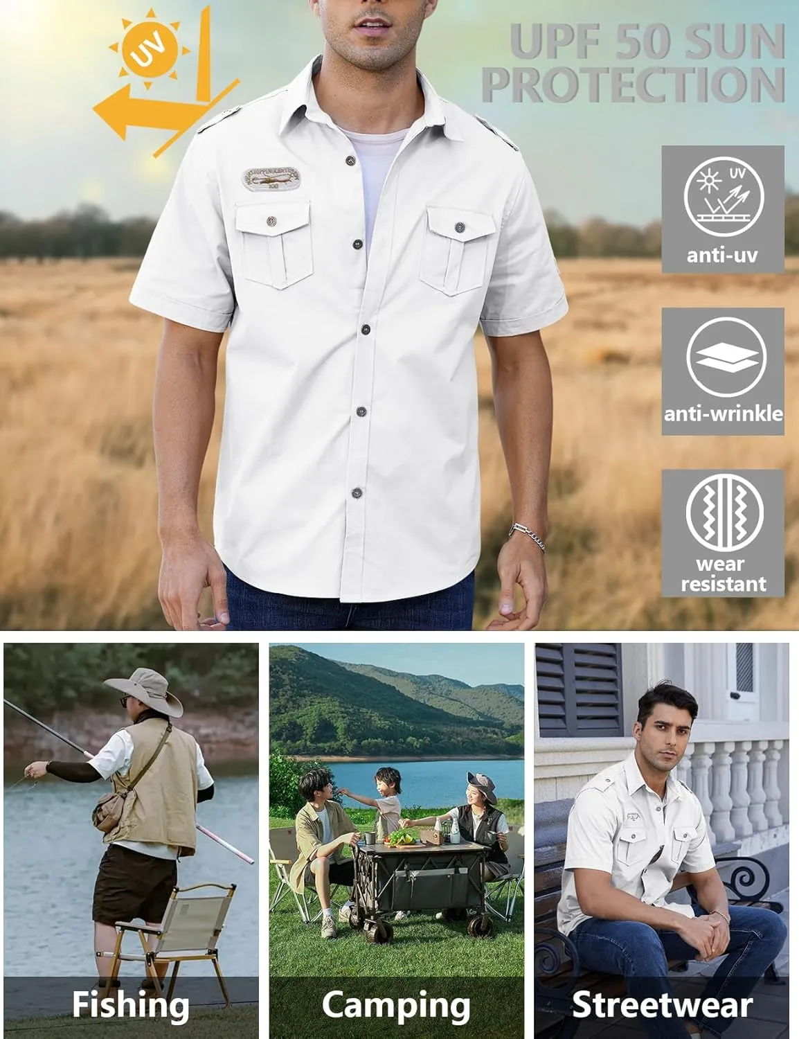 Gihuo Men's Military Tactical Shirt Short Sleeve Cargo Work Outdoor Hiking Camping Hunting Fishing