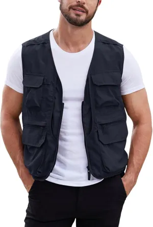Gihuo Men's Utility Fishing Vest Lightweight Outdoor Work Safari Travel Cargo Vest with Multi-Pockets