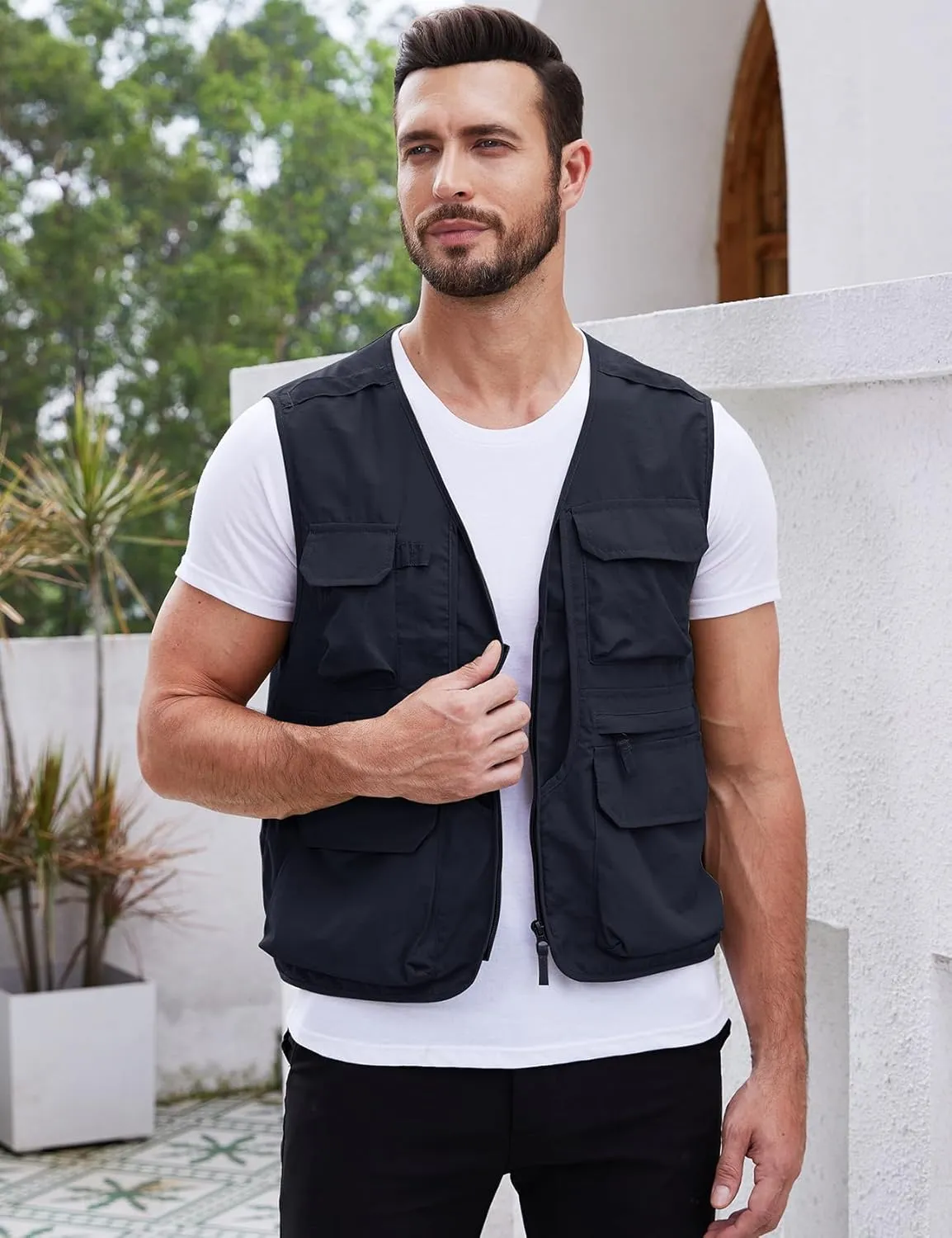 Gihuo Men's Utility Fishing Vest Lightweight Outdoor Work Safari Travel Cargo Vest with Multi-Pockets
