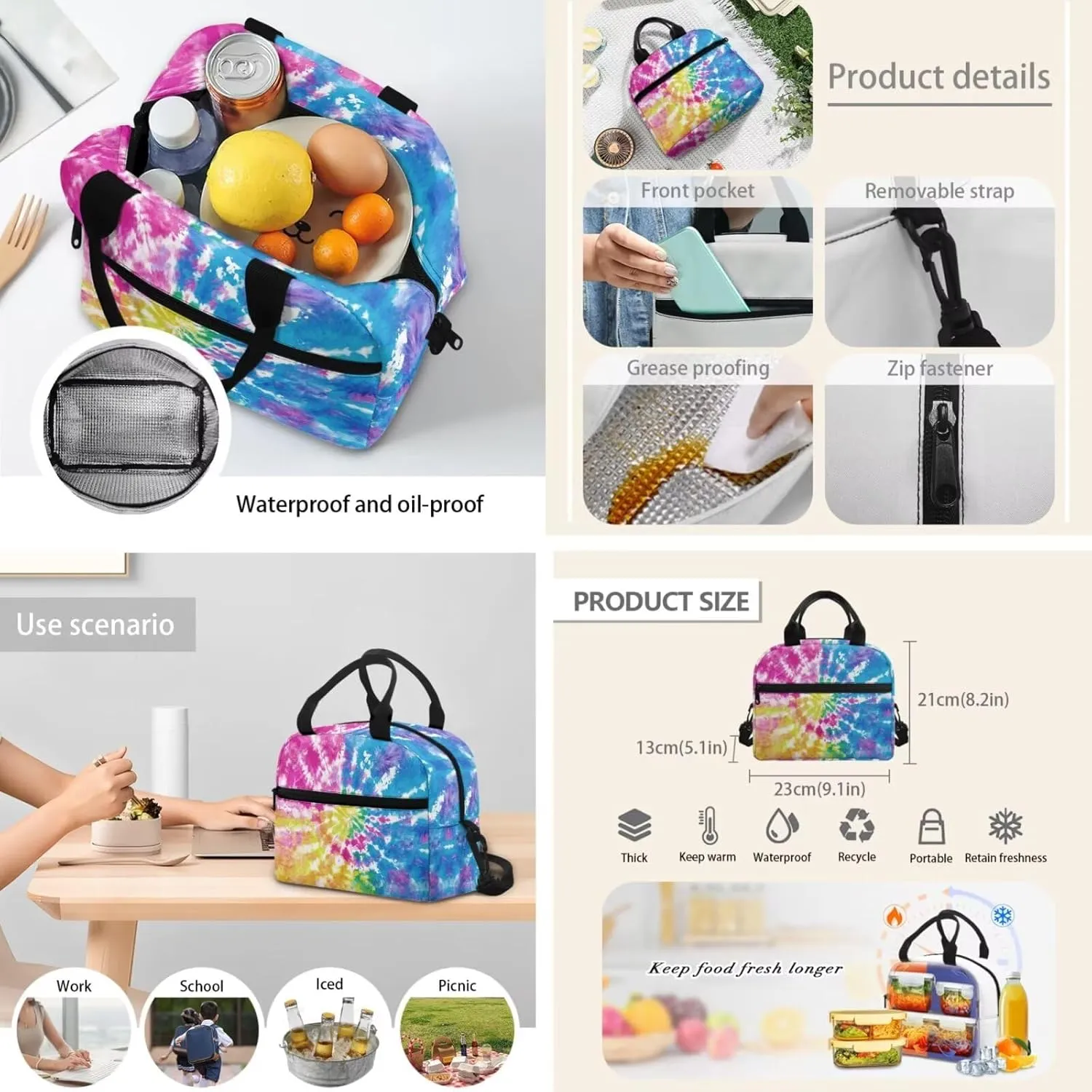 Girl's Backpack 3 Pieces Set Colorful Tie Dye Backpack Shoulder Bag with Lunch Bag Handbag Pencil Case Set Kids Teen Elementary Middle School Bookbag Daypack