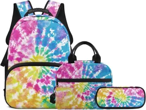Girl's Backpack 3 Pieces Set Colorful Tie Dye Backpack Shoulder Bag with Lunch Bag Handbag Pencil Case Set Kids Teen Elementary Middle School Bookbag Daypack