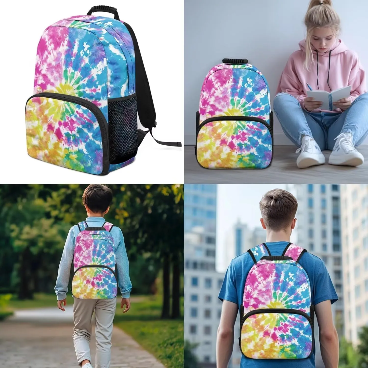 Girl's Backpack 3 Pieces Set Colorful Tie Dye Backpack Shoulder Bag with Lunch Bag Handbag Pencil Case Set Kids Teen Elementary Middle School Bookbag Daypack