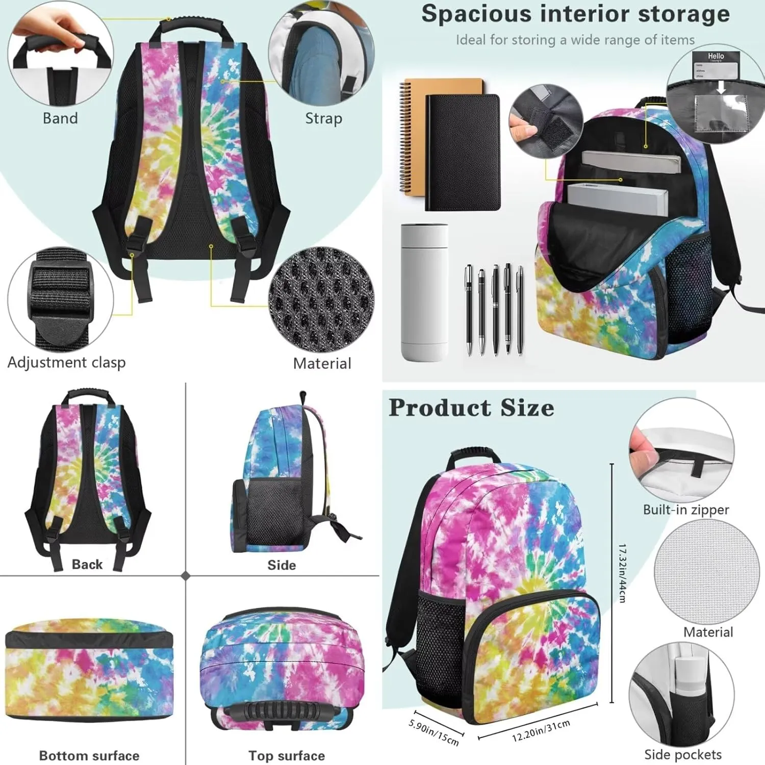 Girl's Backpack 3 Pieces Set Colorful Tie Dye Backpack Shoulder Bag with Lunch Bag Handbag Pencil Case Set Kids Teen Elementary Middle School Bookbag Daypack