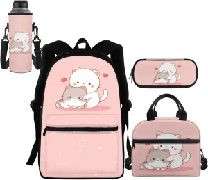 Girls School Bag for Kids 6-8 10-12 Kawaii Cat Backpack Set with Lunch Bag Pencil Case Water Bottle Sleeve Elementary Middle High School Bookbag College Rucksack Daypack