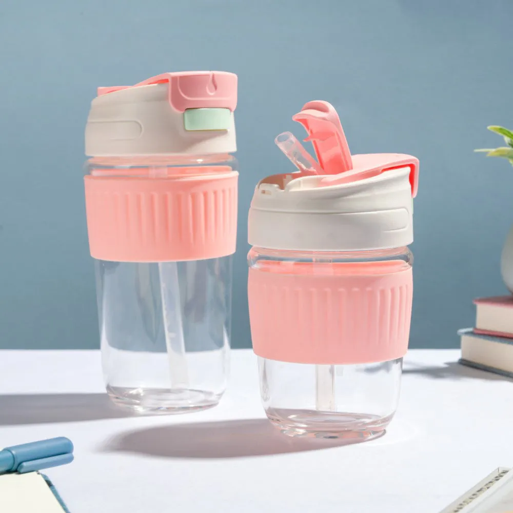 Glass Tumbler With Dual Flip Lid Pink 450ml