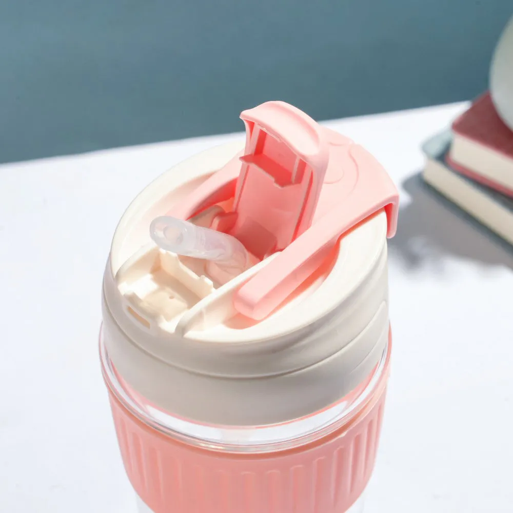 Glass Tumbler With Dual Flip Lid Pink 450ml