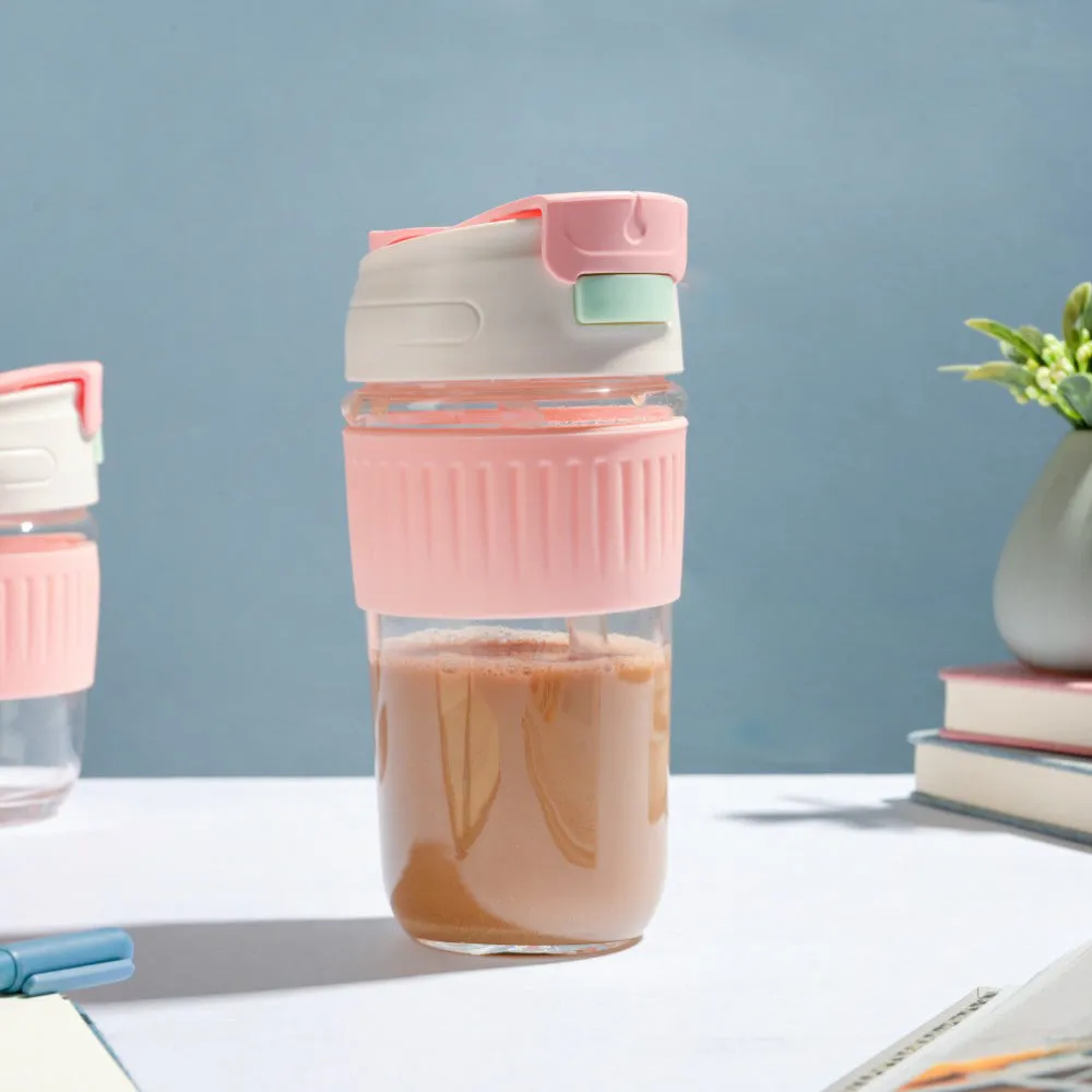 Glass Tumbler With Dual Flip Lid Pink 450ml