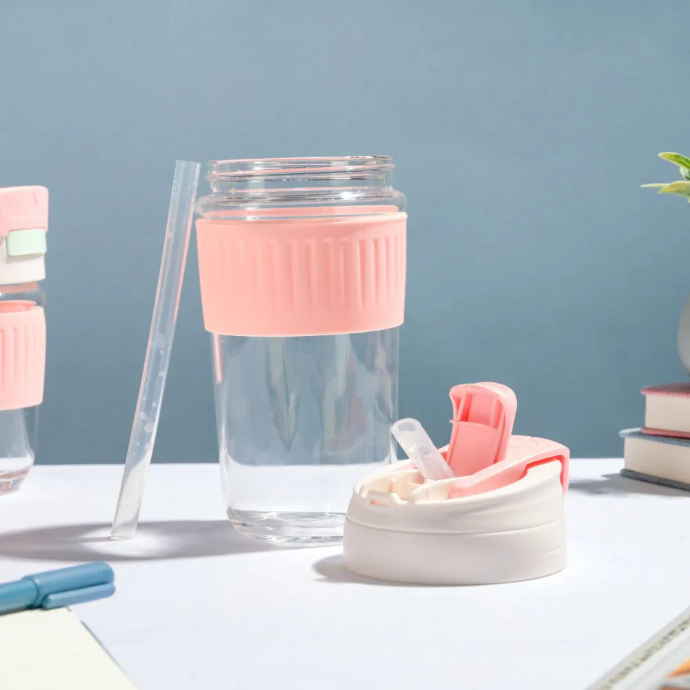 Glass Tumbler With Dual Flip Lid Pink 450ml