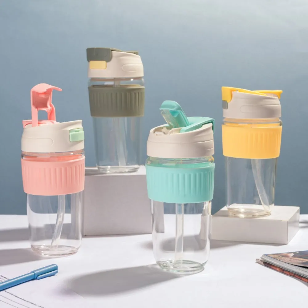 Glass Tumbler With Dual Flip Lid Pink 450ml