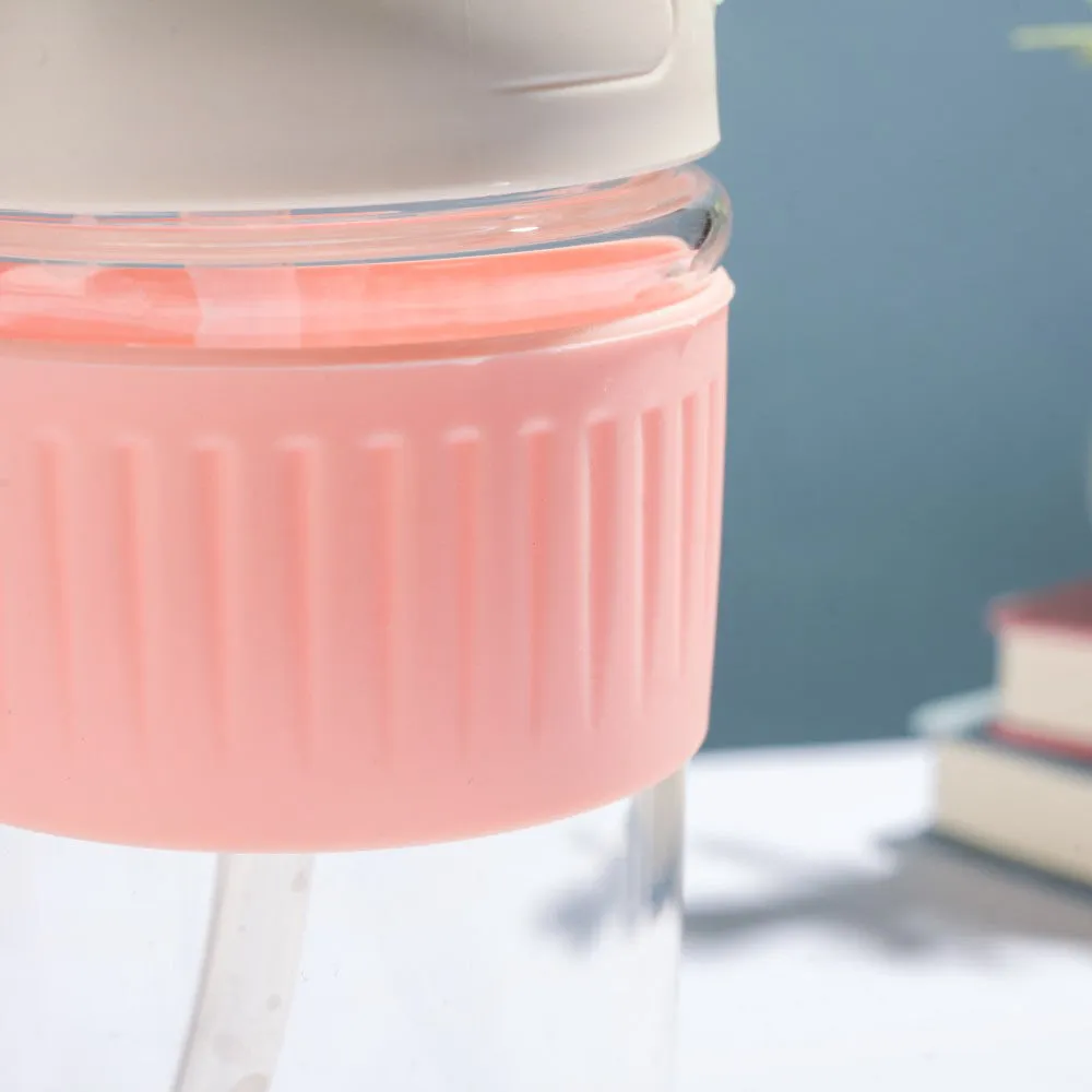 Glass Tumbler With Dual Flip Lid Pink 450ml