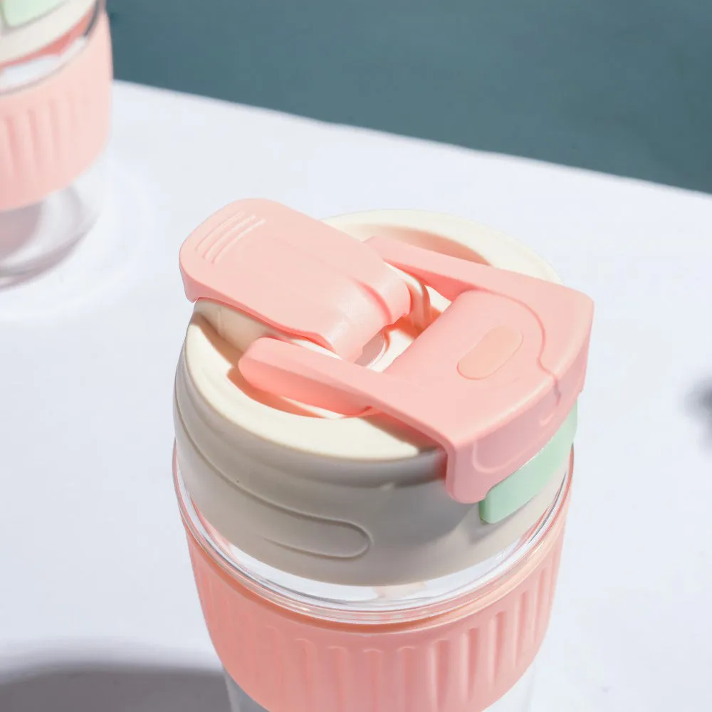 Glass Tumbler With Dual Flip Lid Pink 450ml