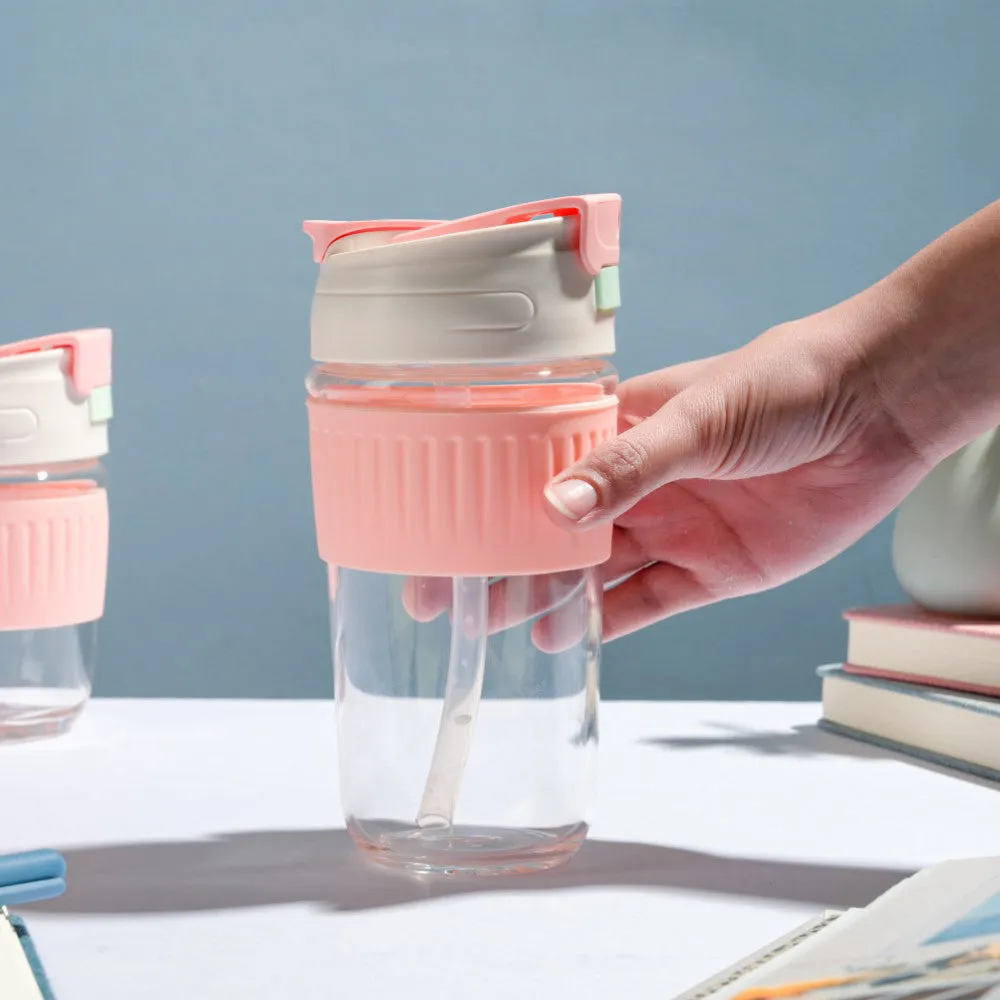 Glass Tumbler With Dual Flip Lid Pink 450ml