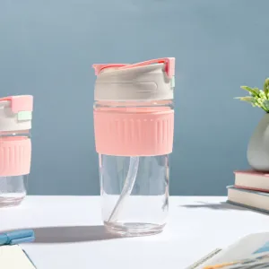 Glass Tumbler With Dual Flip Lid Pink 450ml