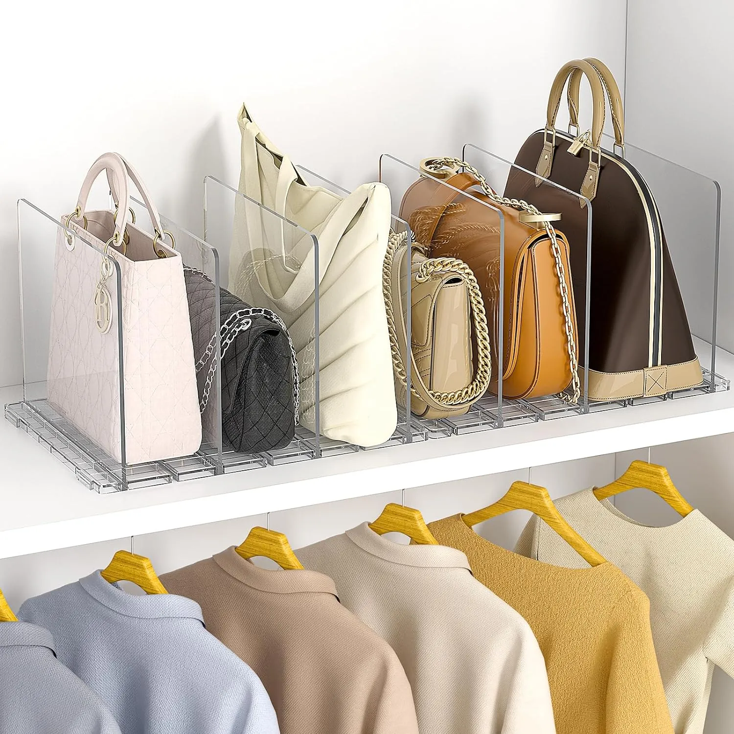 GoMaihe Bag & Purse Organizer for Closet: 2 Sets Adjustable Clear Handbag Storage Shelf - Plastic Clutch Dividers | Minimal | Keep Purses upright