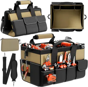 Goovilla Tool Bag 15.5 Inch with 1 Pouch | 17-Pocket Portable Tool Box Organizer Storage with Adjustable Strap, Soft Handle and Durable Zipper | Heavy Duty Tool Bags for Men, Father’s Day (Khaki)