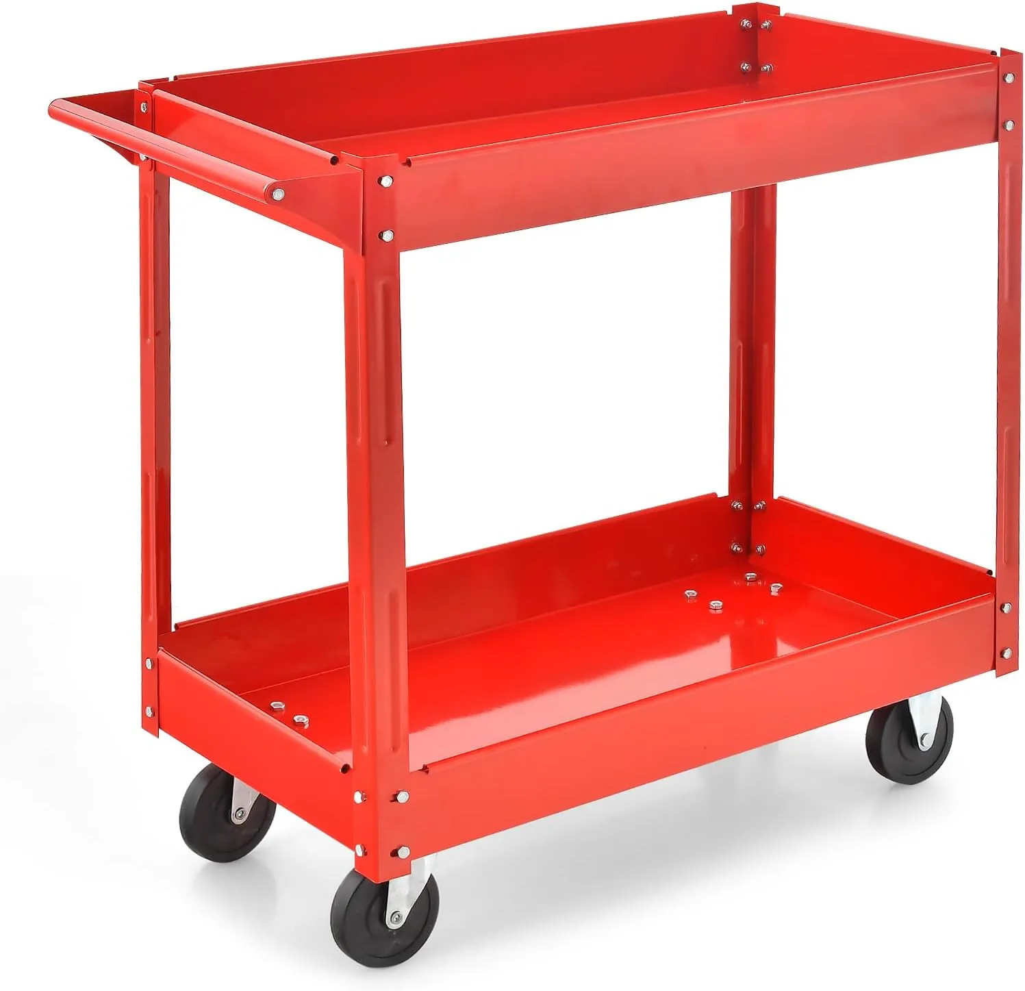 Goplus 2-Tier Utility Cart, Heavy Duty Commercial Service Tool Cart w/Handle, 220 lbs Max Support, Rolling Mechanic Metal Tool Cart Storage Organizer for Home, Garage, Warehouse