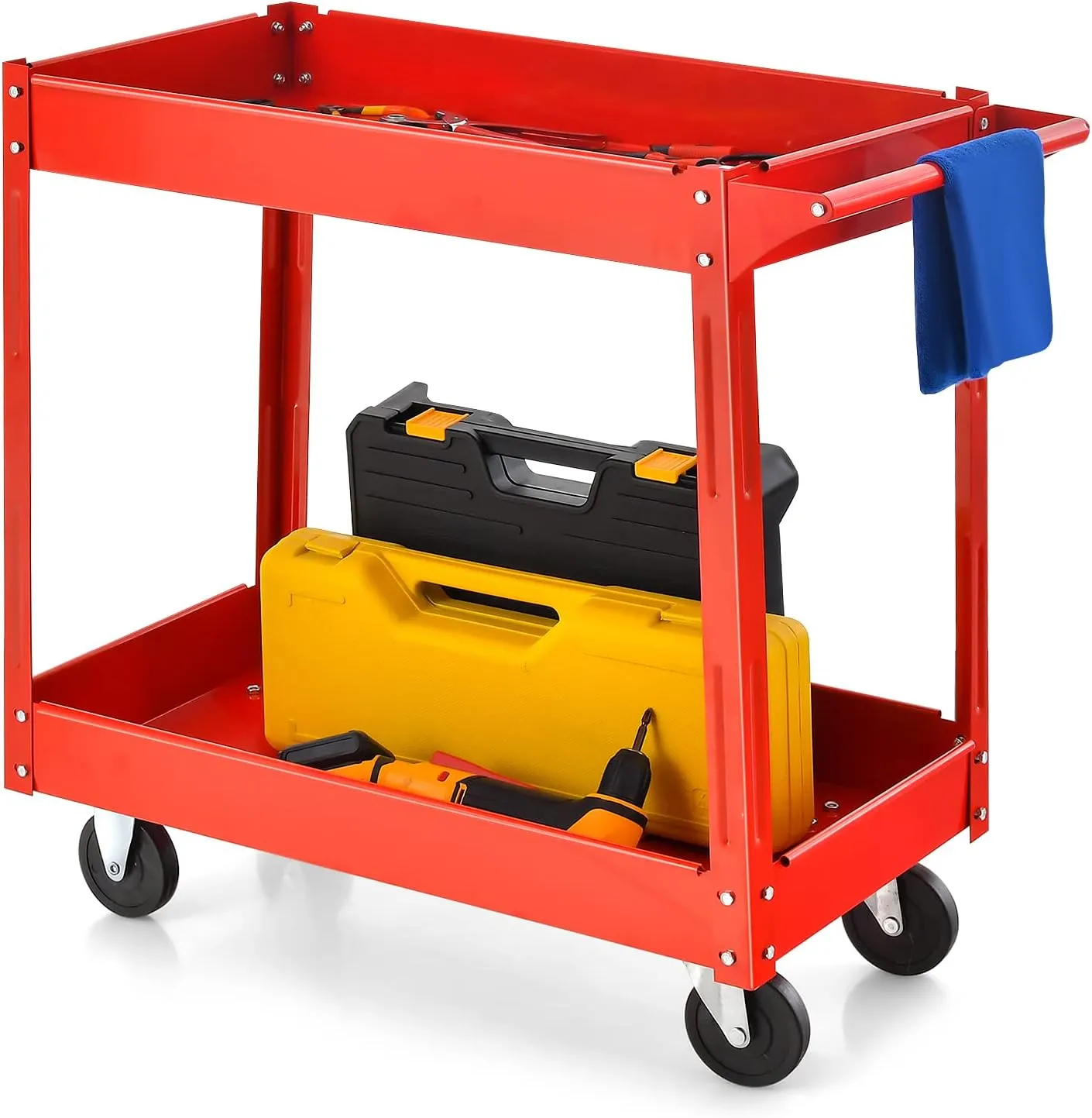 Goplus 2-Tier Utility Cart, Heavy Duty Commercial Service Tool Cart w/Handle, 220 lbs Max Support, Rolling Mechanic Metal Tool Cart Storage Organizer for Home, Garage, Warehouse